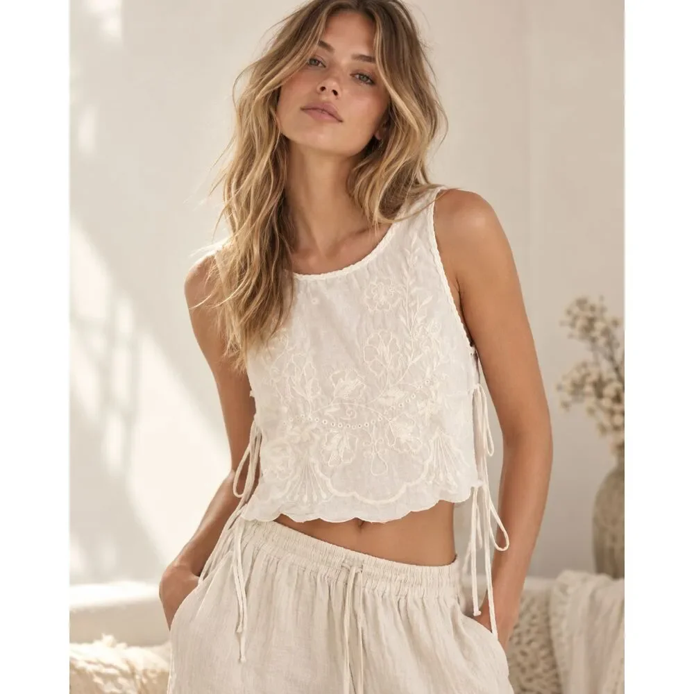 Free People White Embroidered Crop Top Women’s Size S Sleeveless Side Tie Boho